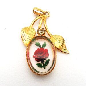 Vintage Rose Pendant for Necklace Leaves Rhinestone Gold Tone Etched Engraved